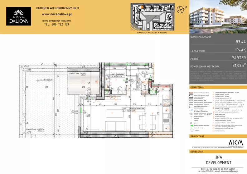 1 pokój, mieszkanie 31,09 m², parter, oferta nr B3.44, Nova Daliova bud. B3, Lublin, Ponikwoda, ul. Daliowa