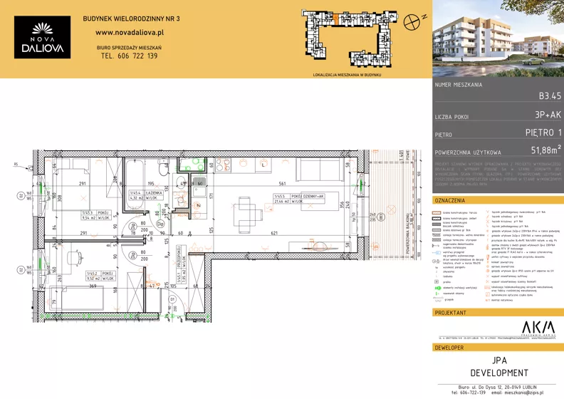 3 pokoje, mieszkanie 51,89 m², piętro 1, oferta nr B3.45, Nova Daliova bud. B3, Lublin, Ponikwoda, ul. Daliowa