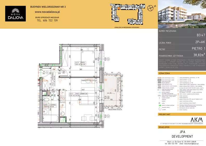2 pokoje, mieszkanie 38,82 m², piętro 1, oferta nr B3.47, Nova Daliova bud. B3, Lublin, Ponikwoda, ul. Daliowa