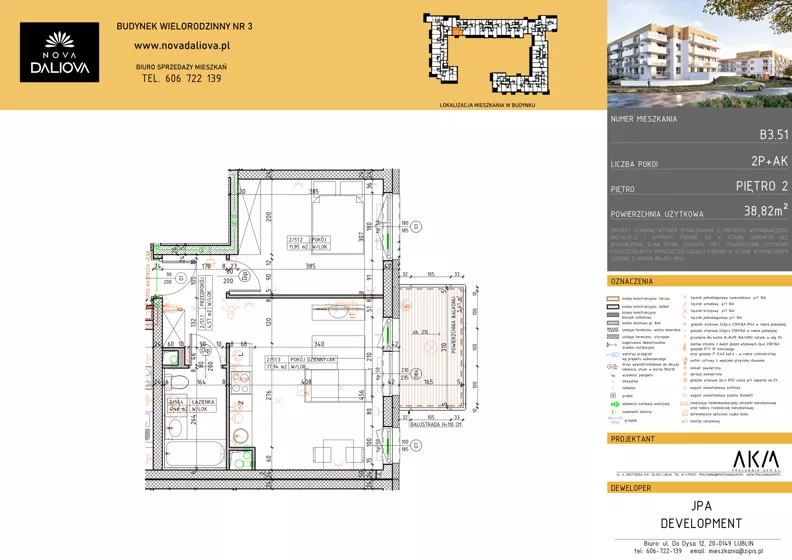 2 pokoje, mieszkanie 38,82 m², piętro 2, oferta nr B3.51, Nova Daliova bud. B3, Lublin, Ponikwoda, ul. Daliowa
