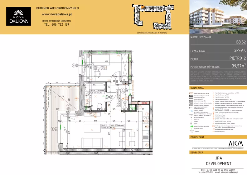 2 pokoje, mieszkanie 39,57 m², piętro 2, oferta nr B3.52, Nova Daliova bud. B3, Lublin, Ponikwoda, ul. Daliowa