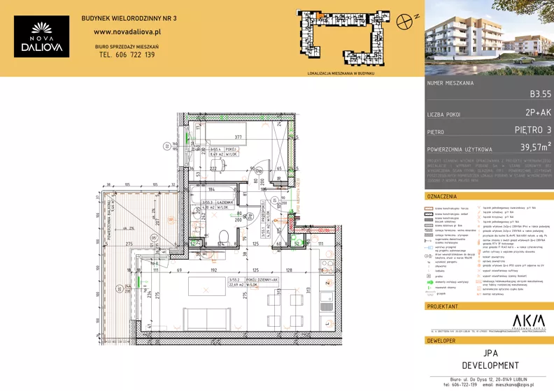 2 pokoje, mieszkanie 39,57 m², piętro 3, oferta nr B3.55, Nova Daliova bud. B3, Lublin, Ponikwoda, ul. Daliowa