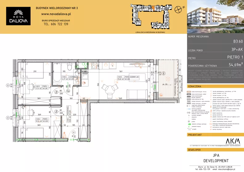 3 pokoje, mieszkanie 54,69 m², piętro 1, oferta nr B3.60, Nova Daliova bud. B3, Lublin, Ponikwoda, ul. Daliowa