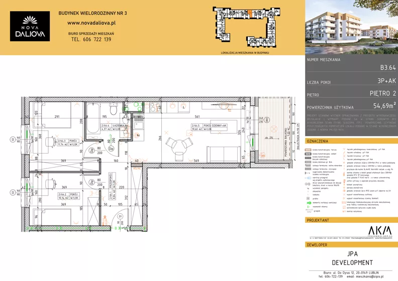 3 pokoje, mieszkanie 54,69 m², piętro 2, oferta nr B3.64, Nova Daliova bud. B3, Lublin, Ponikwoda, ul. Daliowa