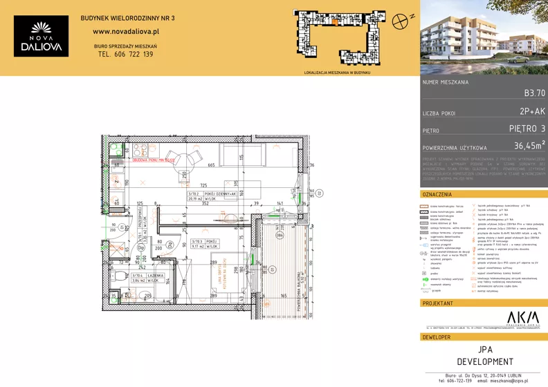 2 pokoje, mieszkanie 36,45 m², piętro 3, oferta nr B3.70, Nova Daliova bud. B3, Lublin, Ponikwoda, ul. Daliowa