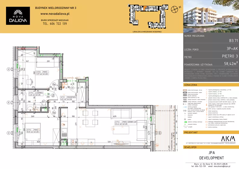 3 pokoje, mieszkanie 58,42 m², piętro 3, oferta nr B3.71, Nova Daliova bud. B3, Lublin, Ponikwoda, ul. Daliowa