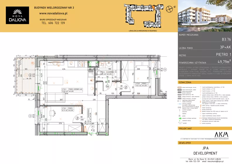 3 pokoje, mieszkanie 49,79 m², piętro 1, oferta nr B3.76, Nova Daliova bud. B3, Lublin, Ponikwoda, ul. Daliowa