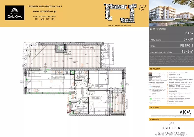 3 pokoje, mieszkanie 54,39 m², piętro 3, oferta nr B3.84, Nova Daliova bud. B3, Lublin, Ponikwoda, ul. Daliowa