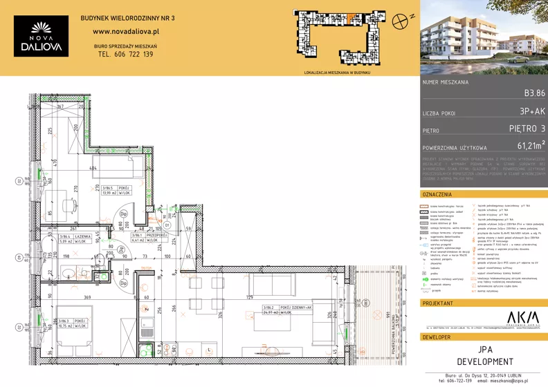3 pokoje, mieszkanie 61,21 m², piętro 3, oferta nr B3.86, Nova Daliova bud. B3, Lublin, Ponikwoda, ul. Daliowa