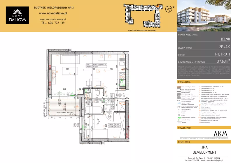 2 pokoje, mieszkanie 37,63 m², piętro 1, oferta nr B3.90, Nova Daliova bud. B3, Lublin, Ponikwoda, ul. Daliowa