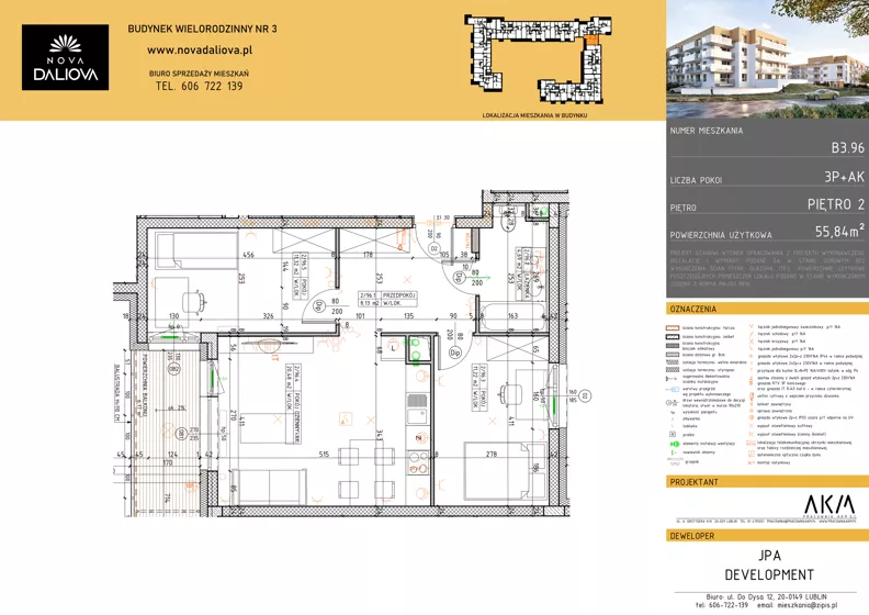 3 pokoje, mieszkanie 55,84 m², piętro 2, oferta nr B3.96, Nova Daliova bud. B3, Lublin, Ponikwoda, ul. Daliowa