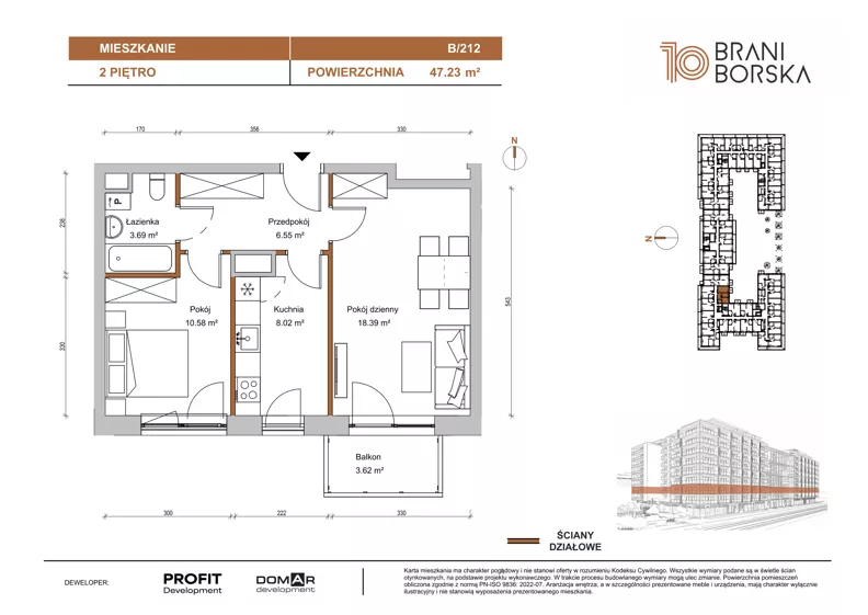 2 pokoje, mieszkanie 47,23 m², piętro 2, oferta nr BN10/B/212, Braniborska 10 , Wrocław, Stare Miasto, Śródmieście, ul. Braniborska 10
