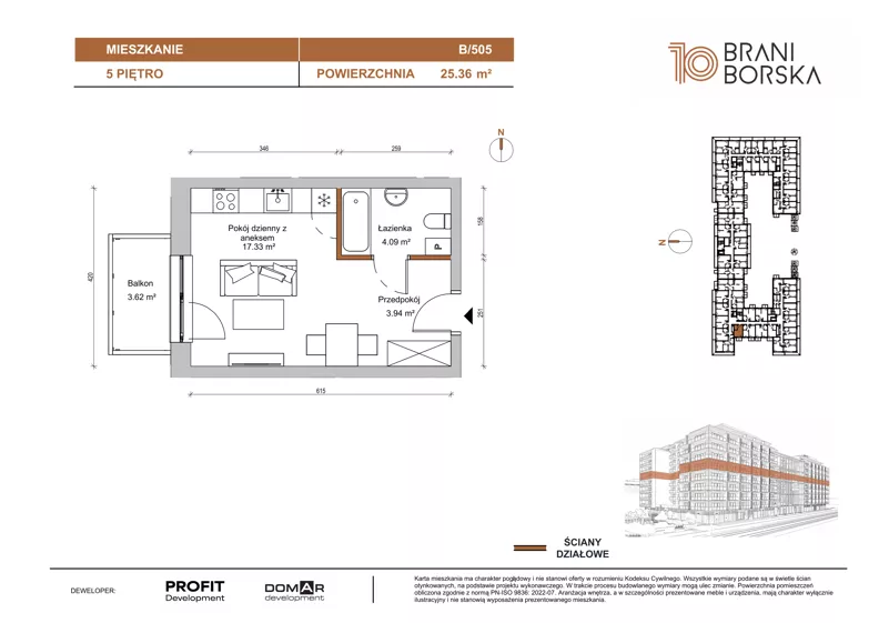1 pokój, mieszkanie 25,36 m², piętro 5, oferta nr BN10/B/505, Braniborska 10 , Wrocław, Stare Miasto, Śródmieście, ul. Braniborska 10