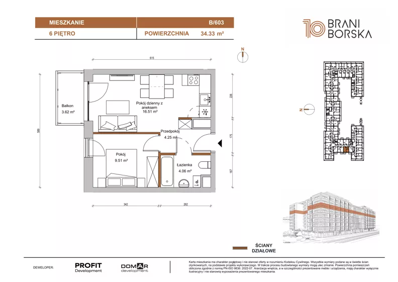 2 pokoje, mieszkanie 34,33 m², piętro 6, oferta nr BN10/B/603, Braniborska 10 , Wrocław, Stare Miasto, Śródmieście, ul. Braniborska 10