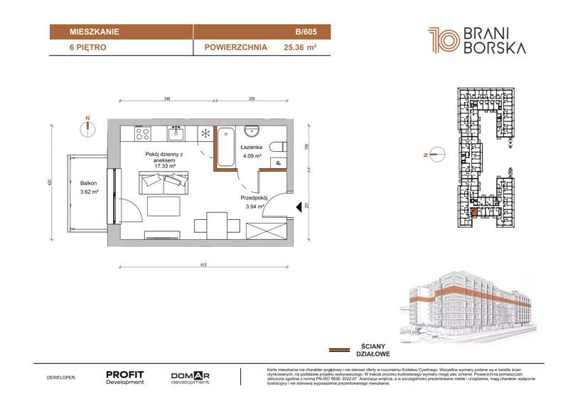 1 pokój, mieszkanie 25,36 m², piętro 6, oferta nr BN10/B/605, Braniborska 10 , Wrocław, Stare Miasto, Śródmieście, ul. Braniborska 10