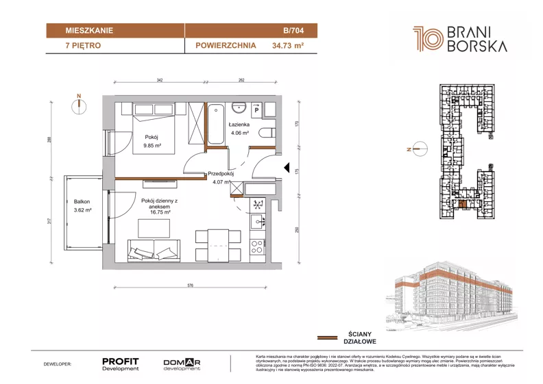 2 pokoje, mieszkanie 34,73 m², piętro 7, oferta nr BN10/B/704, Braniborska 10 , Wrocław, Stare Miasto, Śródmieście, ul. Braniborska 10