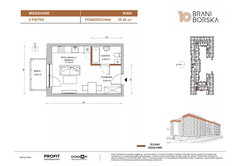 1 pokój, mieszkanie 25,36 m², piętro 8, oferta nr BN10/B/805, Braniborska 10 , Wrocław, Stare Miasto, Śródmieście, ul. Braniborska 10