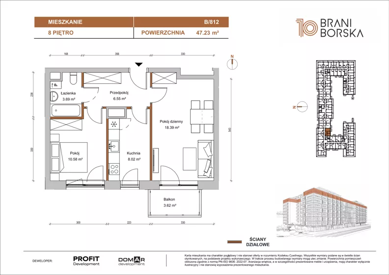 2 pokoje, mieszkanie 47,23 m², piętro 8, oferta nr BN10/B/812, Braniborska 10 , Wrocław, Stare Miasto, Śródmieście, ul. Braniborska 10