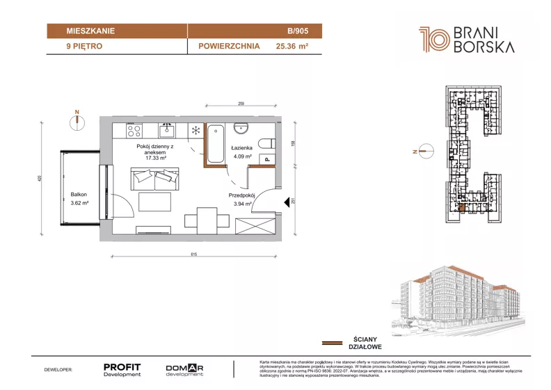 1 pokój, mieszkanie 25,36 m², piętro 9, oferta nr BN10/B/905, Braniborska 10 , Wrocław, Stare Miasto, Śródmieście, ul. Braniborska 10