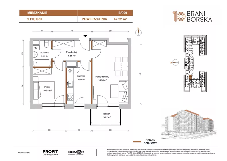 2 pokoje, mieszkanie 47,22 m², piętro 9, oferta nr BN10/B/909, Braniborska 10 , Wrocław, Stare Miasto, Śródmieście, ul. Braniborska 10