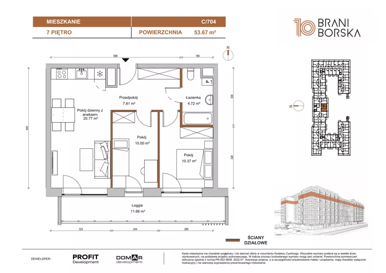 3 pokoje, mieszkanie 53,67 m², piętro 7, oferta nr BN10/C/704, Braniborska 10 , Wrocław, Stare Miasto, Śródmieście, ul. Braniborska 10