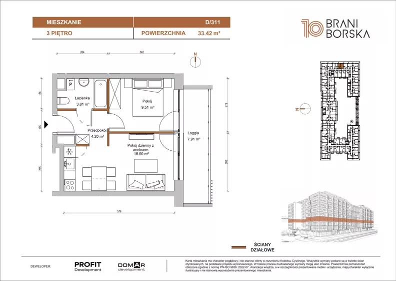 2 pokoje, mieszkanie 33,42 m², piętro 3, oferta nr BN10/D/311, Braniborska 10 , Wrocław, Stare Miasto, Śródmieście, ul. Braniborska 10