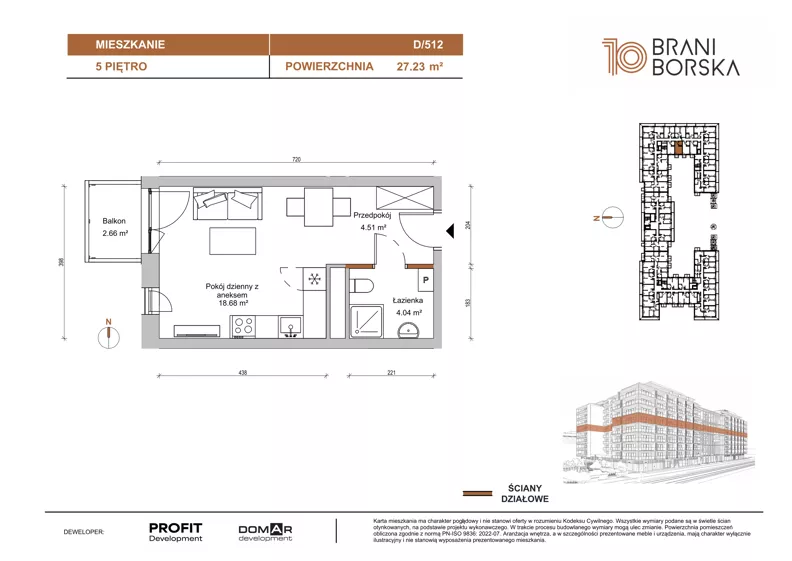 1 pokój, mieszkanie 27,23 m², piętro 5, oferta nr BN10/D/512, Braniborska 10 , Wrocław, Stare Miasto, Śródmieście, ul. Braniborska 10