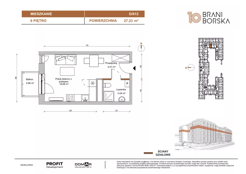 1 pokój, mieszkanie 27,23 m², piętro 6, oferta nr BN10/D/612, Braniborska 10 , Wrocław, Stare Miasto, Śródmieście, ul. Braniborska 10