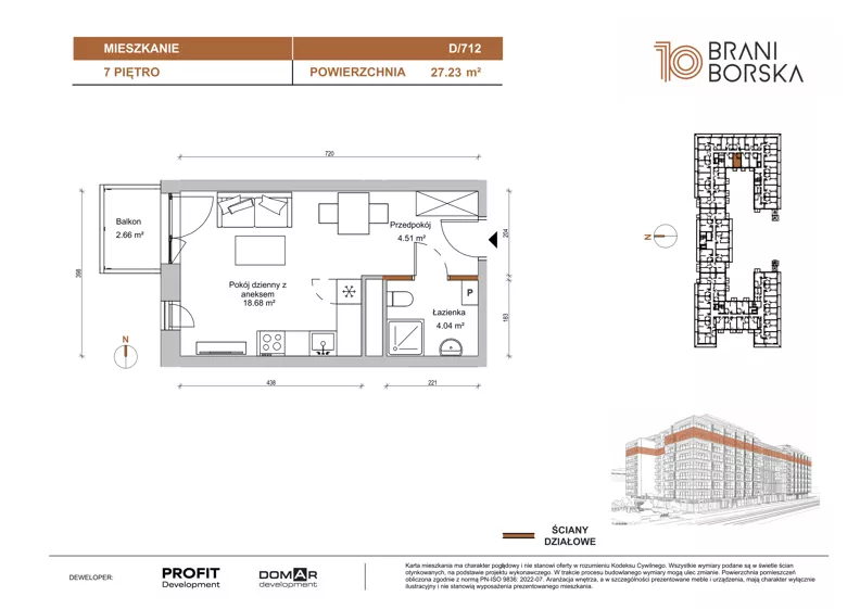 1 pokój, mieszkanie 27,23 m², piętro 7, oferta nr BN10/D/712, Braniborska 10 , Wrocław, Stare Miasto, Śródmieście, ul. Braniborska 10