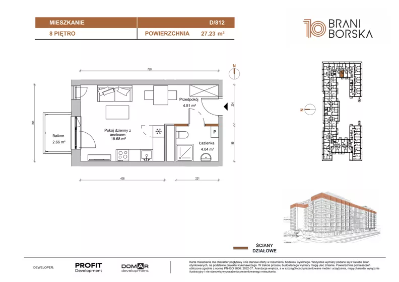 1 pokój, mieszkanie 27,23 m², piętro 8, oferta nr BN10/D/812, Braniborska 10 , Wrocław, Stare Miasto, Śródmieście, ul. Braniborska 10