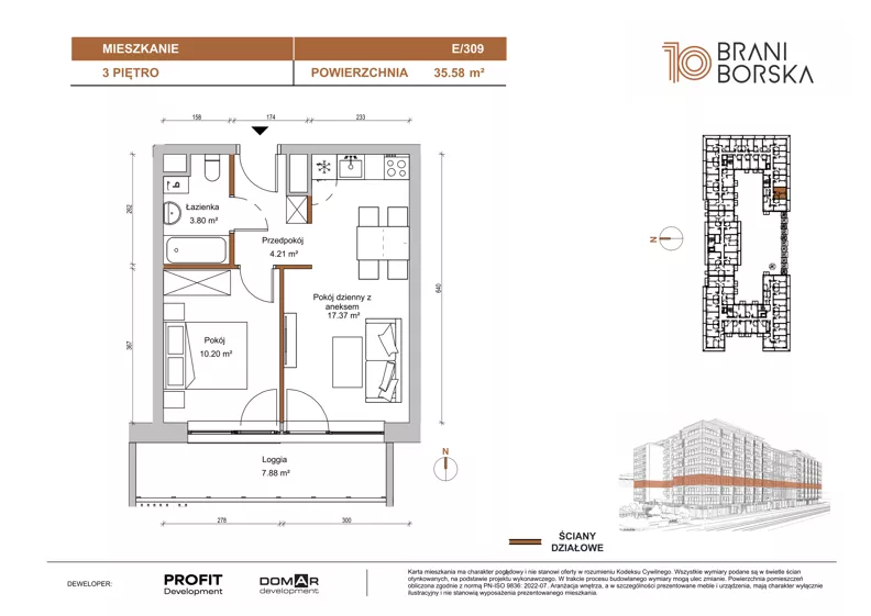 2 pokoje, mieszkanie 35,58 m², piętro 3, oferta nr BN10/E/309, Braniborska 10 , Wrocław, Stare Miasto, Śródmieście, ul. Braniborska 10