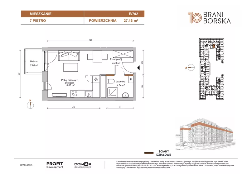 1 pokój, mieszkanie 27,16 m², piętro 7, oferta nr BN10/E/702, Braniborska 10 , Wrocław, Stare Miasto, Śródmieście, ul. Braniborska 10