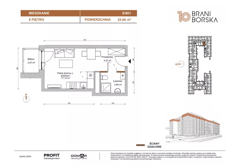 1 pokój, mieszkanie 25,66 m², piętro 8, oferta nr BN10/E/801, Braniborska 10 , Wrocław, Stare Miasto, Śródmieście, ul. Braniborska 10