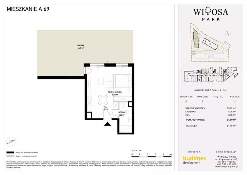 1 pokój, mieszkanie 34,80 m², parter, oferta nr A69, Witosa Park, Poznań, Winiary, Winiary, ul. Piątkowska 165 A-B