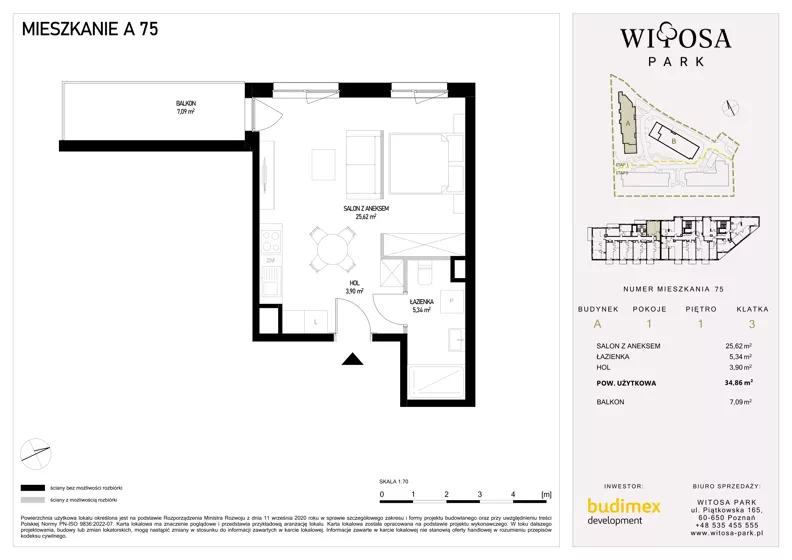 1 pokój, mieszkanie 34,86 m², piętro 1, oferta nr A75, Witosa Park, Poznań, Winiary, Winiary, ul. Piątkowska 165 A-B