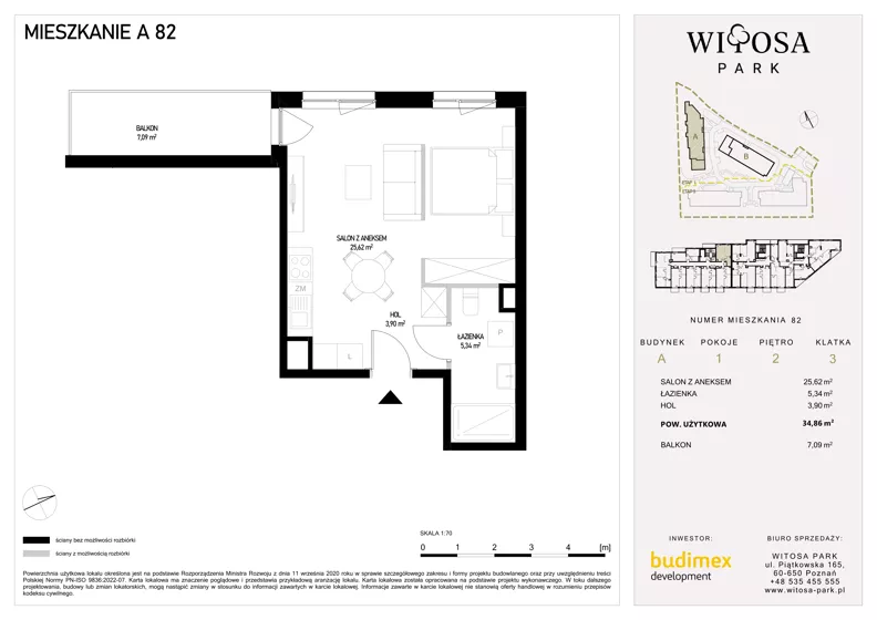 1 pokój, mieszkanie 34,86 m², piętro 2, oferta nr A82, Witosa Park, Poznań, Winiary, Winiary, ul. Piątkowska 165 A-B