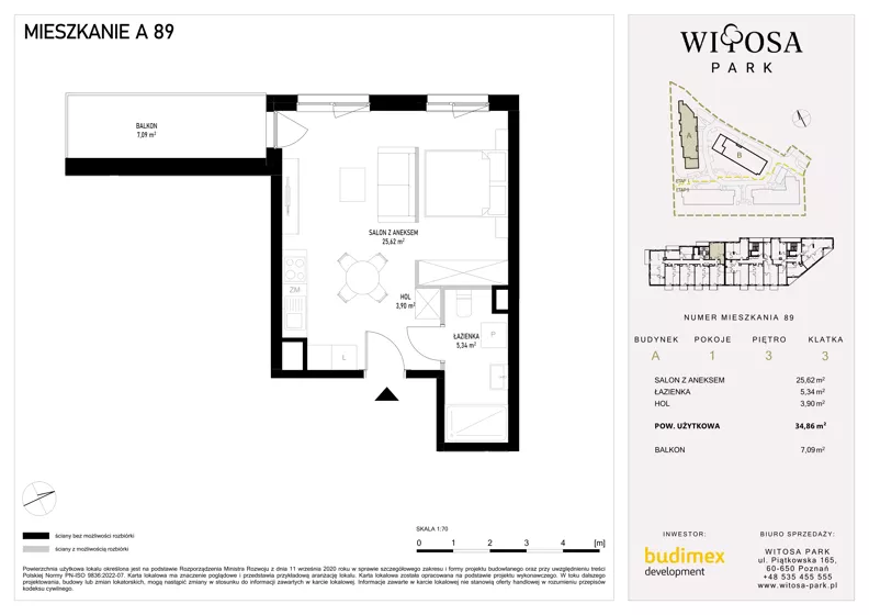1 pokój, mieszkanie 34,86 m², piętro 3, oferta nr A89, Witosa Park, Poznań, Winiary, Winiary, ul. Piątkowska 165 A-B