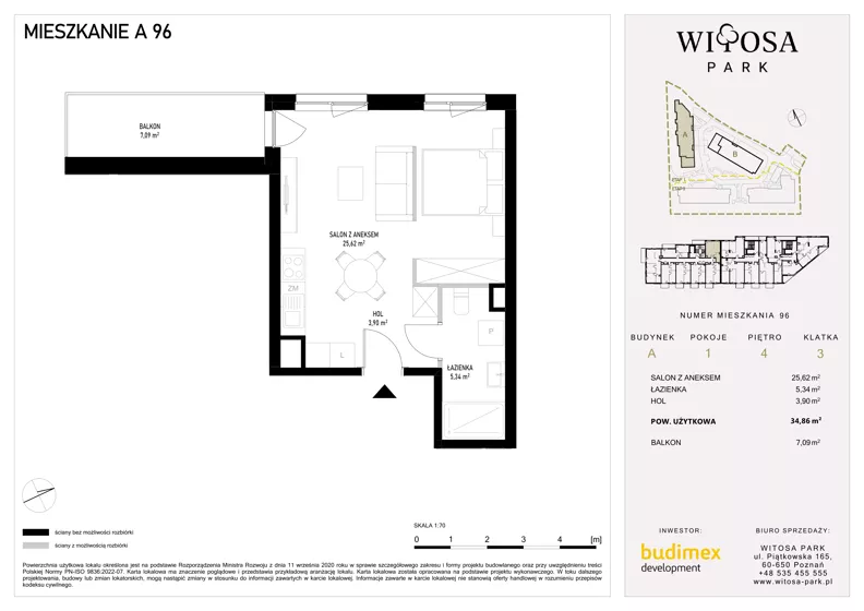 1 pokój, mieszkanie 34,86 m², piętro 4, oferta nr A96, Witosa Park, Poznań, Winiary, Winiary, ul. Piątkowska 165 A-B
