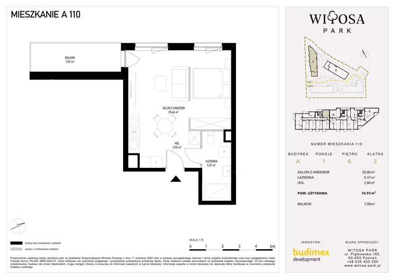 1 pokój, mieszkanie 34,93 m², piętro 6, oferta nr A110, Witosa Park, Poznań, Winiary, Winiary, ul. Piątkowska 165 A-B