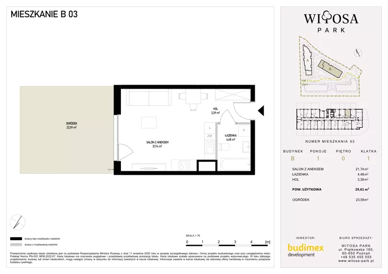 1 pokój, mieszkanie 29,61 m², parter, oferta nr B3, Witosa Park, Poznań, Winiary, Winiary, ul. Piątkowska 165 A-B