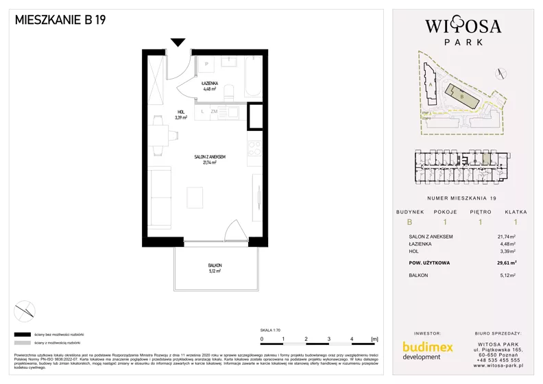1 pokój, mieszkanie 29,61 m², piętro 1, oferta nr B19, Witosa Park, Poznań, Winiary, Winiary, ul. Piątkowska 165 A-B