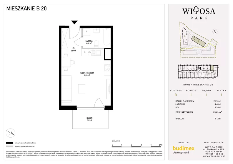 1 pokój, mieszkanie 29,61 m², piętro 1, oferta nr B20, Witosa Park, Poznań, Winiary, Winiary, ul. Piątkowska 165 A-B