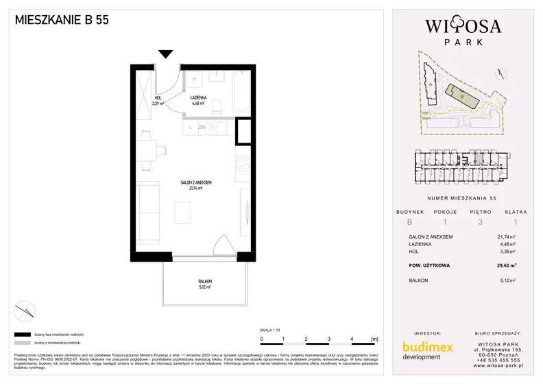 1 pokój, mieszkanie 29,61 m², piętro 3, oferta nr B55, Witosa Park, Poznań, Winiary, Winiary, ul. Piątkowska 165 A-B