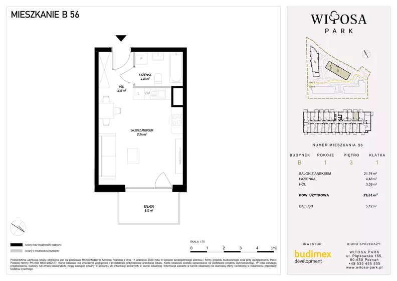 1 pokój, mieszkanie 29,61 m², piętro 3, oferta nr B56, Witosa Park, Poznań, Winiary, Winiary, ul. Piątkowska 165 A-B