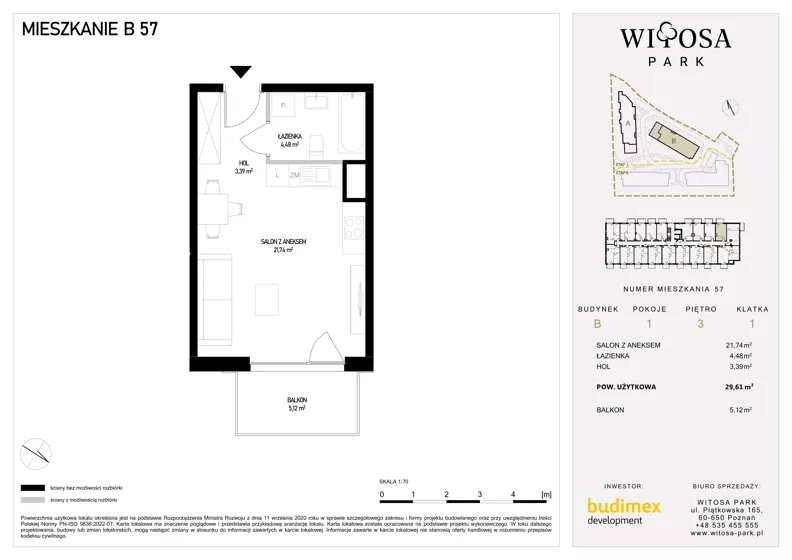 1 pokój, mieszkanie 29,61 m², piętro 3, oferta nr B57, Witosa Park, Poznań, Winiary, Winiary, ul. Piątkowska 165 A-B