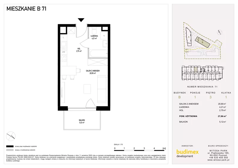 1 pokój, mieszkanie 27,86 m², piętro 3, oferta nr B71, Witosa Park, Poznań, Winiary, Winiary, ul. Piątkowska 165 A-B