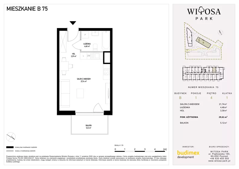 1 pokój, mieszkanie 29,61 m², piętro 4, oferta nr B75, Witosa Park, Poznań, Winiary, Winiary, ul. Piątkowska 165 A-B
