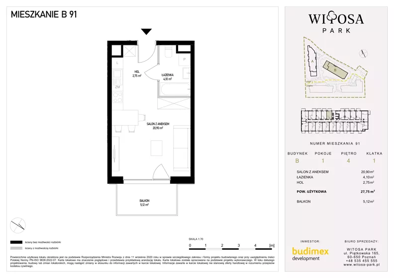 1 pokój, mieszkanie 27,75 m², piętro 4, oferta nr B91, Witosa Park, Poznań, Winiary, Winiary, ul. Piątkowska 165 A-B