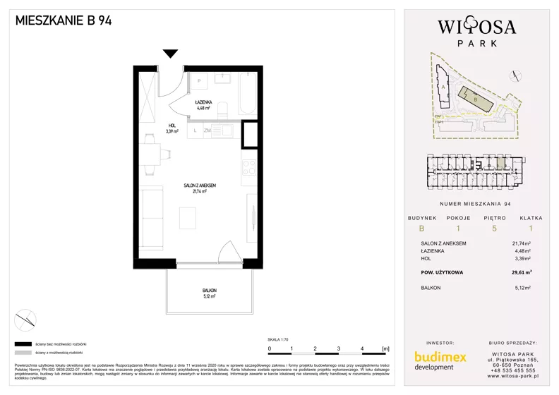 1 pokój, mieszkanie 29,61 m², piętro 5, oferta nr B94, Witosa Park, Poznań, Winiary, Winiary, ul. Piątkowska 165 A-B