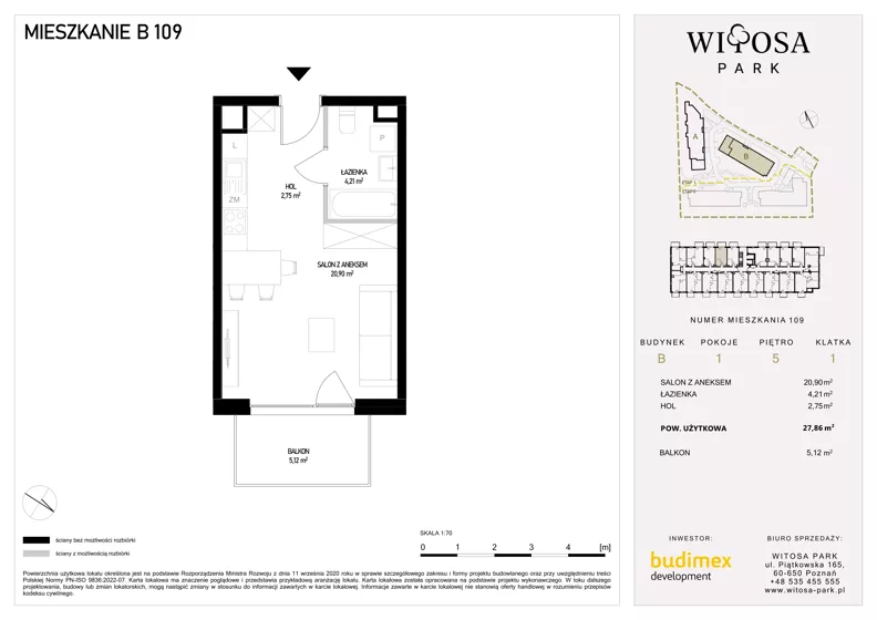 1 pokój, mieszkanie 27,86 m², piętro 5, oferta nr B109, Witosa Park, Poznań, Winiary, Winiary, ul. Piątkowska 165 A-B